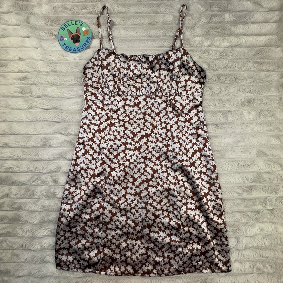 Women's Babydoll Dress‎ XS Brown Blue Floral 90's Satin Mini Y2K Fairy Grunge - Picture 1 of 10